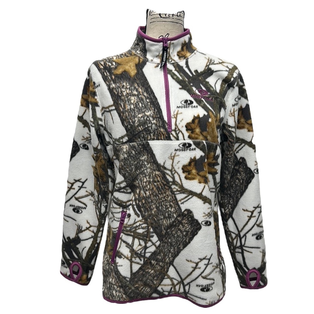 Mossy Oak White Brown Purple Camo Womens Full Zip Fleece Jacket Medium 8-10 EUC